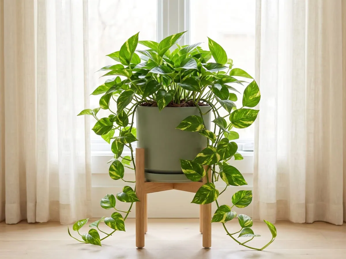 Window orientation and distance: a full Pothos on a low stand set back from the glass in soft daylight.