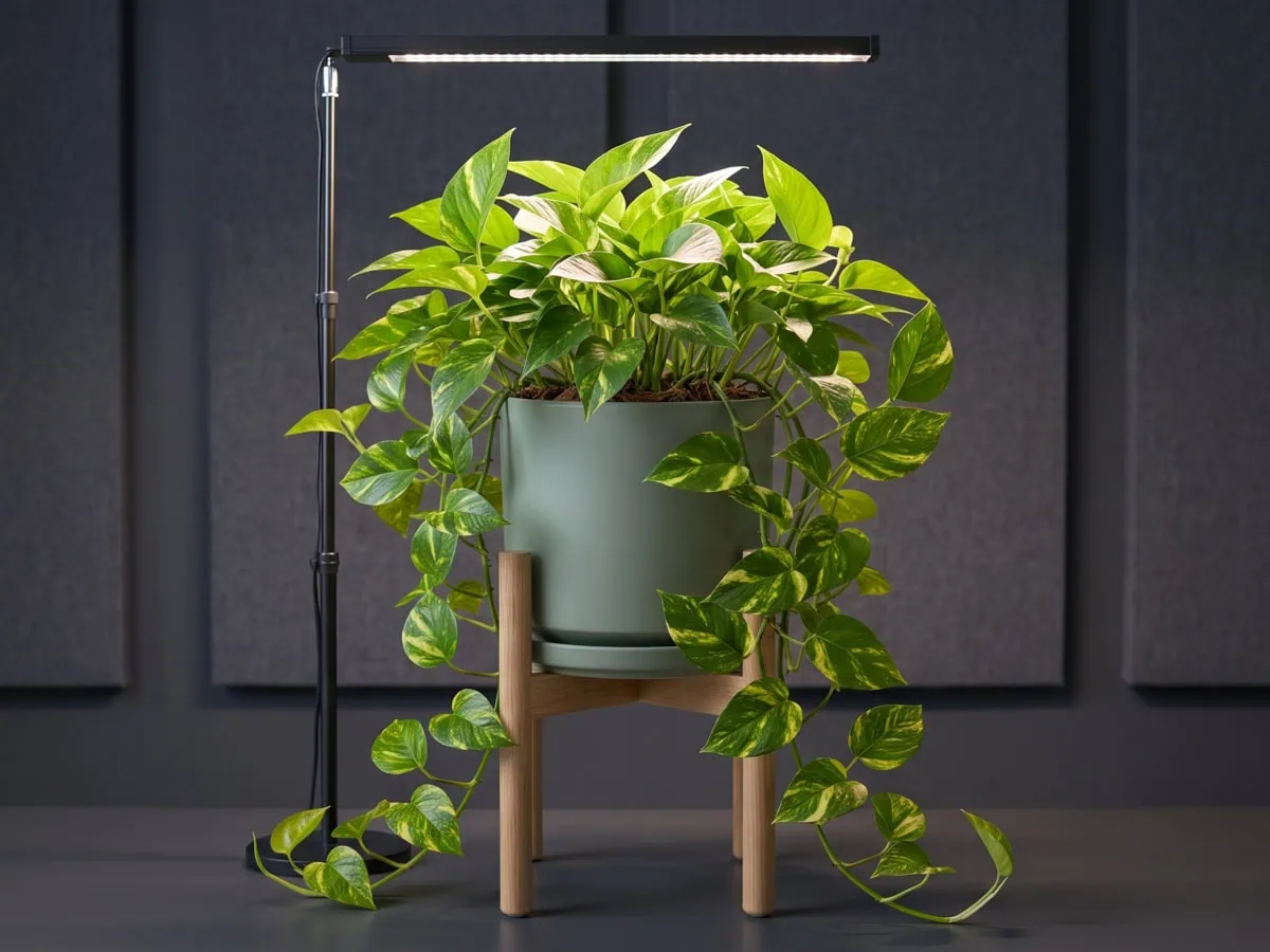 Light without a window: a full-spectrum grow light above a Pothos, the foliage lit evenly with a natural sheen.
