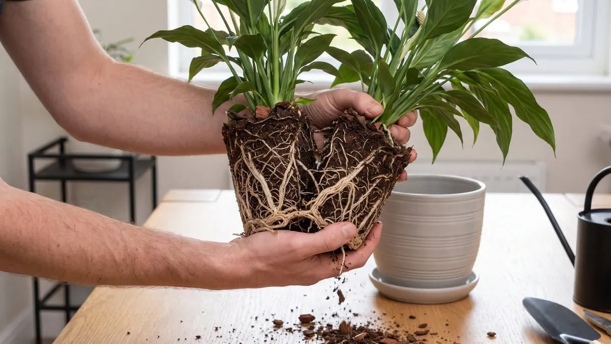 How to divide and propagate a peace lily: two hands easing the root ball apart into halves, each keeping its own roots.