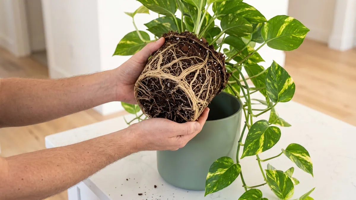 How to repot a Pothos without killing it: repotting with two hands, the intact unrinsed root ball eased out.