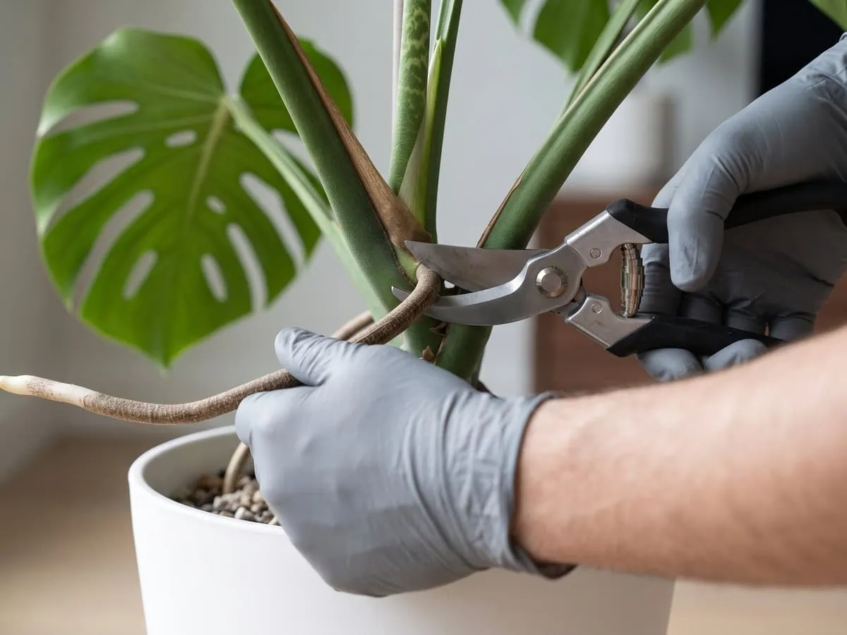 Shears closing on one aerial root at its collar without touching the stem, one of your four options.