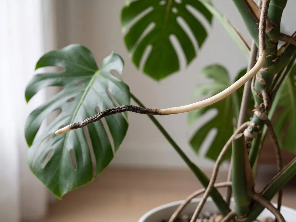 One aerial root darkened and soft in a short patch while the rest stays firm, reading your plant's roots.