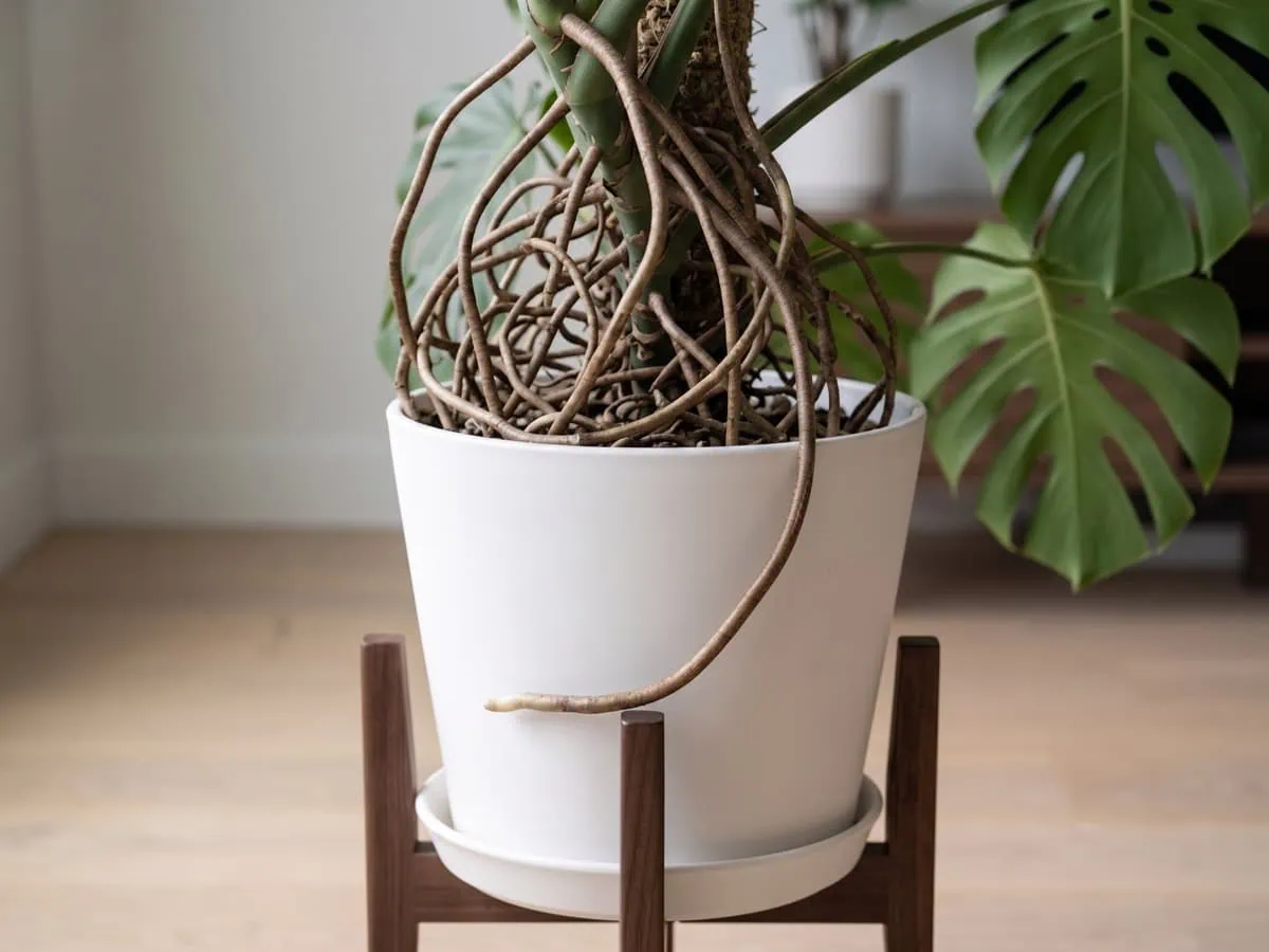 Several aerial roots stacked above the stem base, reading your plant's roots rather than counting them.