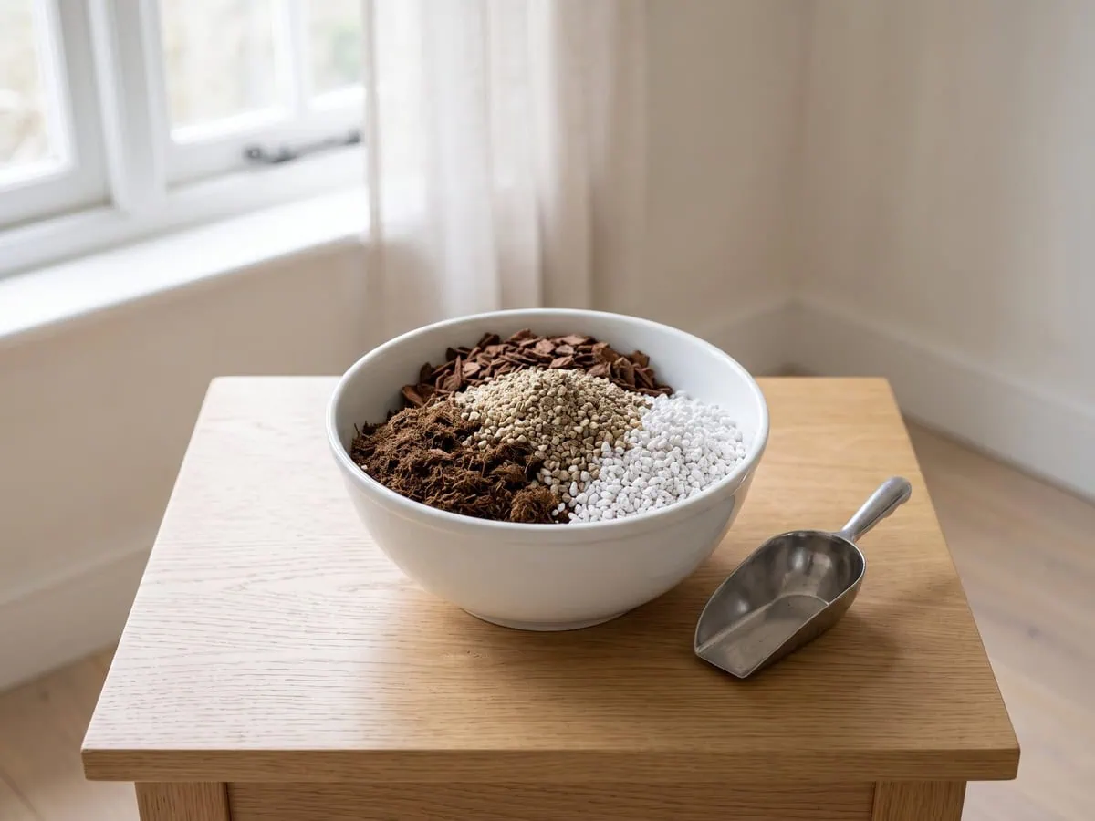 Equal parts pine bark, peat and perlite poured into a bowl with grit on top, the aroid mix ratio.