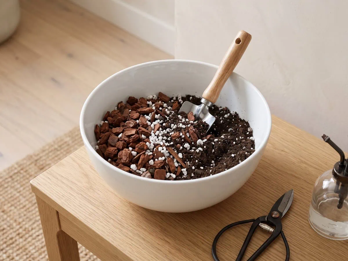 Bagged mix folded together with coarse bark and perlite, each particle still separate in the home blend.