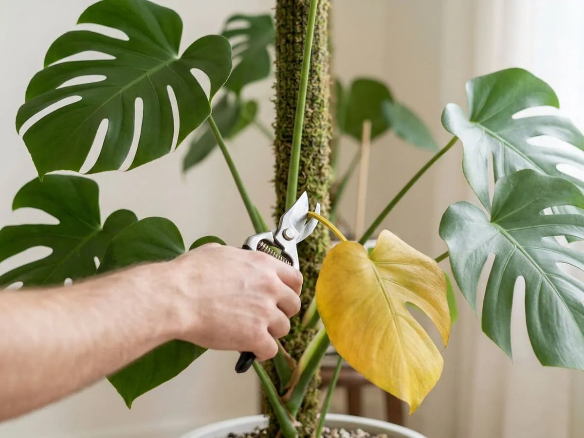 Shears cutting the petiole of a fully yellow leaf, avoiding the common yellowing mistakes.