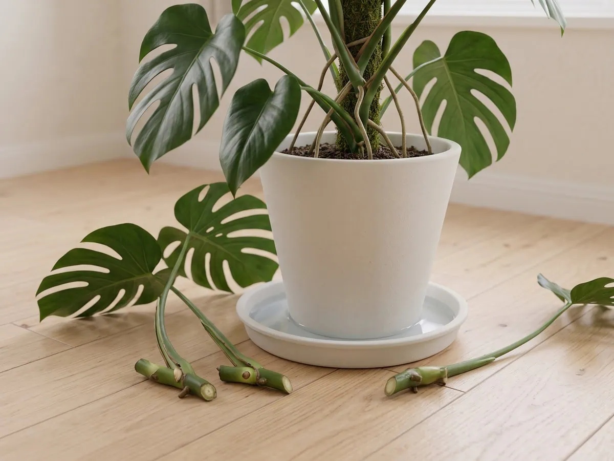 The pot on the floor with a filled saucer and two dropped stem pieces beside it, where exposure looks likely.