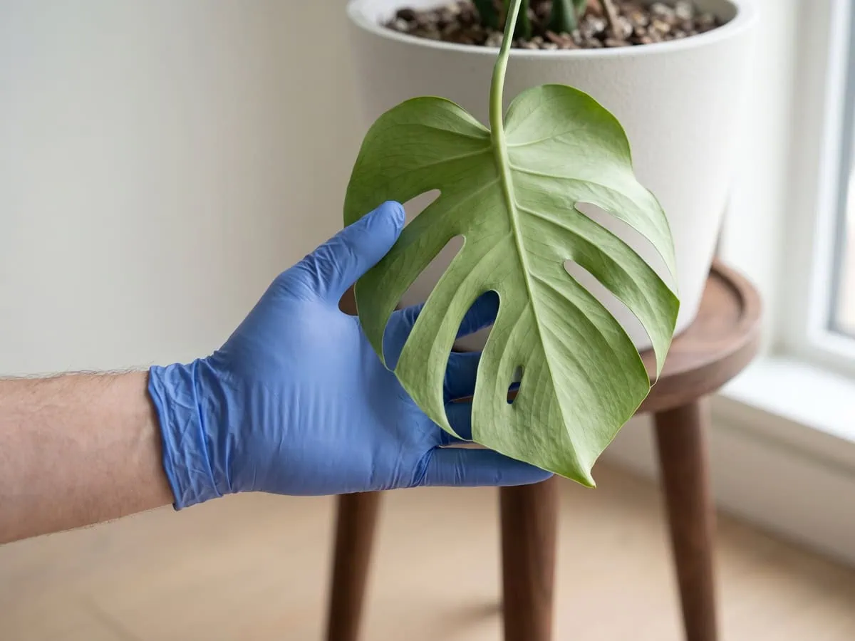 A gloved hand lifting the underside of the lowest leaf at pot-rim height, sharing a room with the plant.
