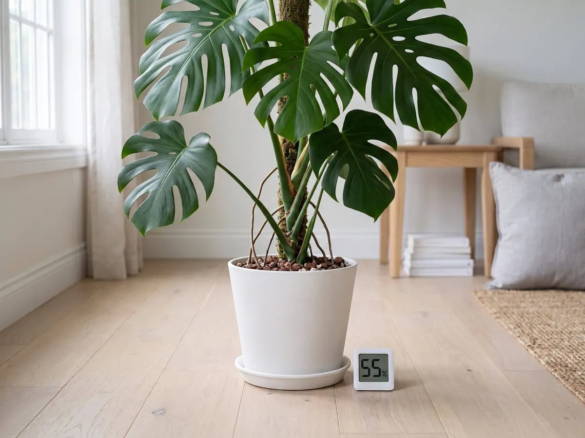 A small hygrometer lying beside the pot with the leaves dry, temperature and humidity read across the year.