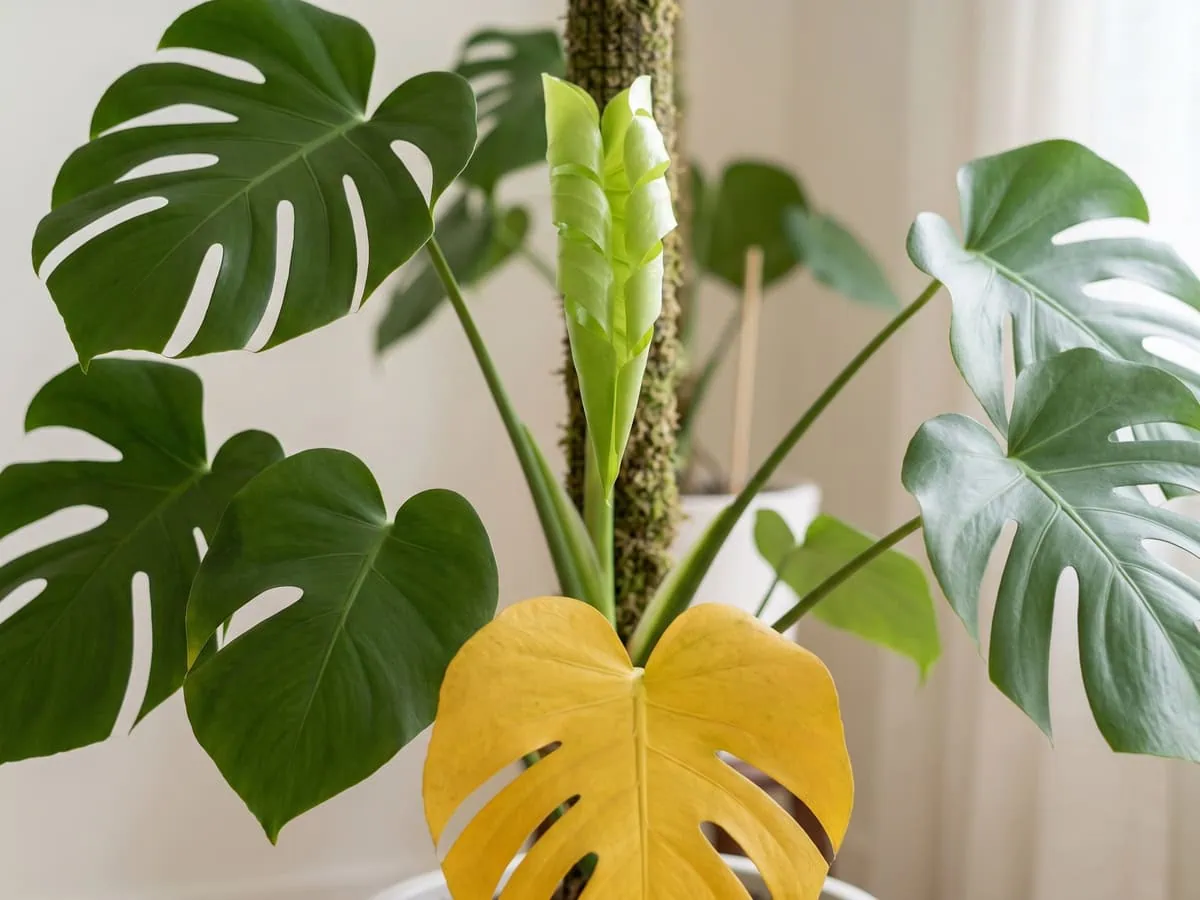 One fully yellow lower leaf below a tight pale new shoot shows which leaf color to read first.