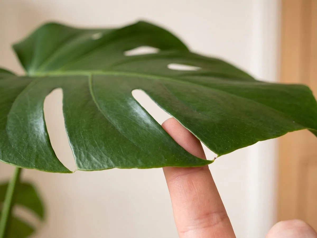 A fingertip resting in a cleft that breaks the leaf margin, one closed hole beside it, read before anything else.