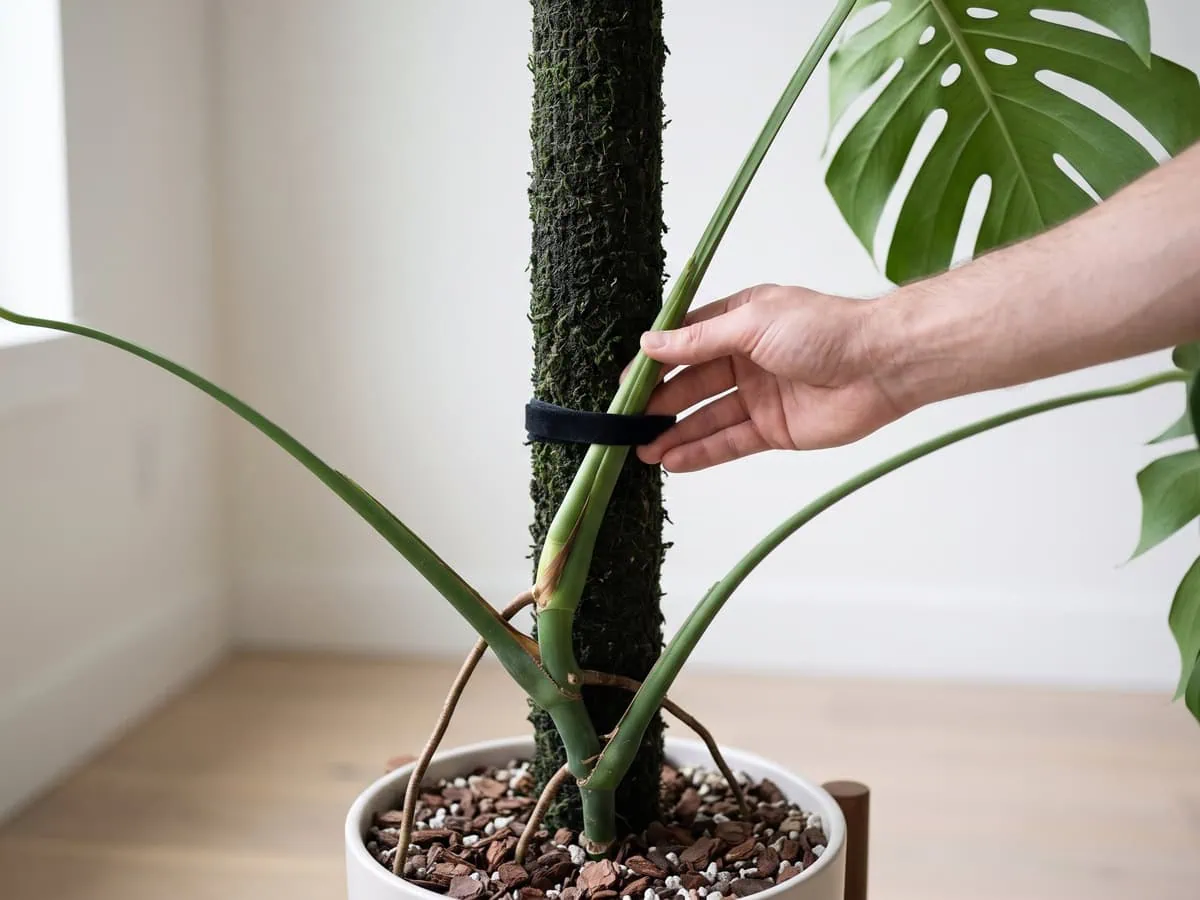 One hand lifting the leaning stem only as far as it moves freely, held by one soft tie after the first week.