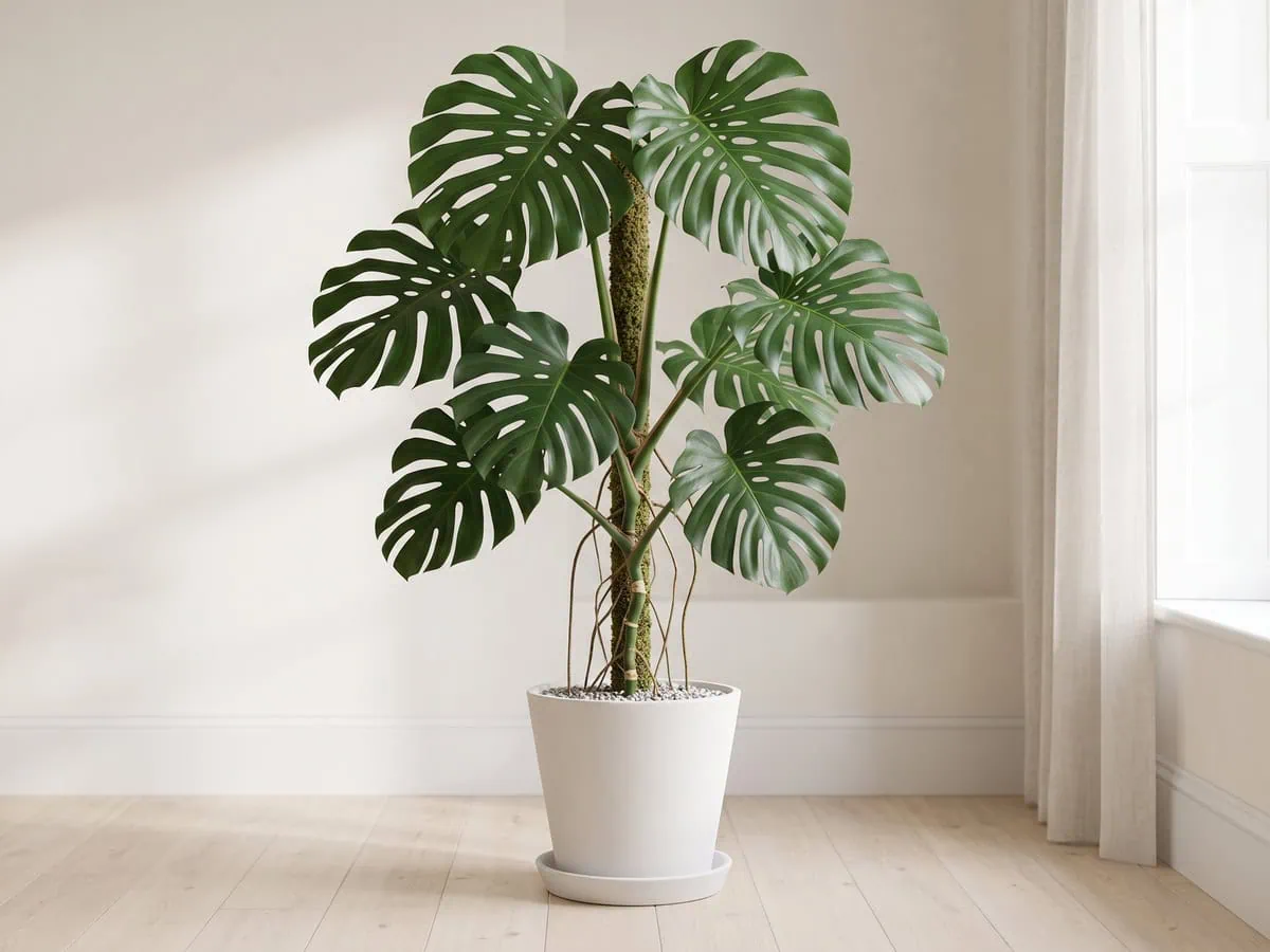 A whole mature specimen climbing its totem indoors, carrying no bloom at all in the natural habitat range.