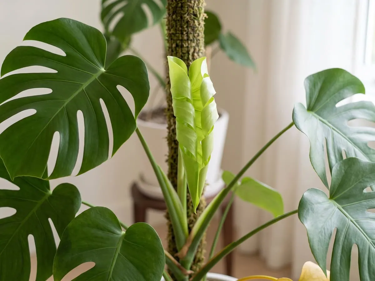 A half-unfurled new leaf, clean and fully green, showing whether the substrate and watering change worked.