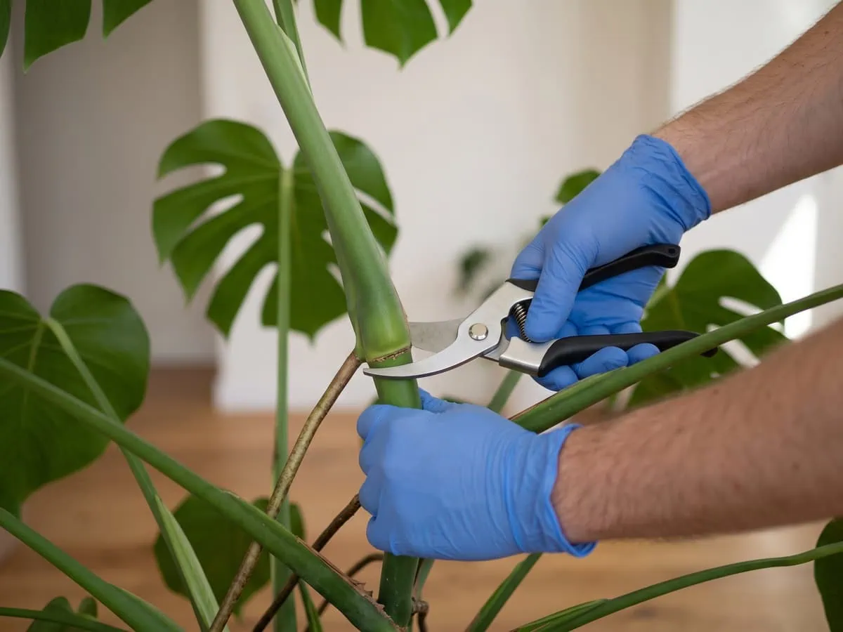 Cut a Swiss cheese plant stem square half an inch below one node, the step that starts the cutting.