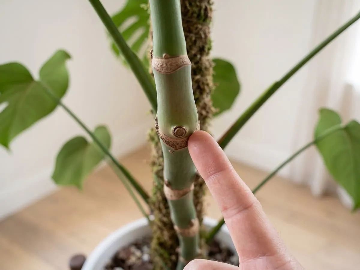 Identify the node on the bare stem you want the plant to keep, the first step in making the cut.