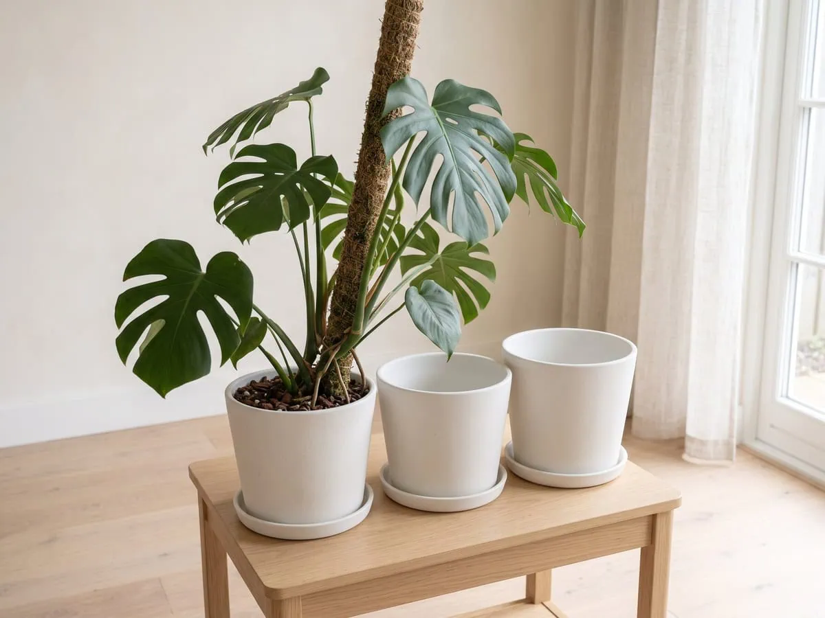 A deep pot and a wide pot side by side beside the leaning plant, the root-ball check before you start.