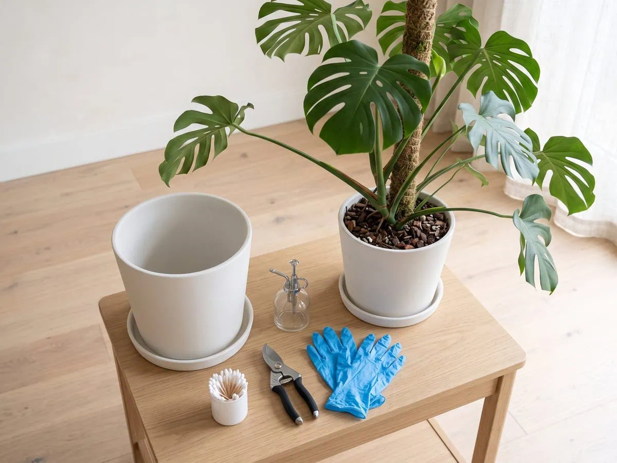 The plant still seated in its old pot with the empty new pot and the clean kit laid out before you start.