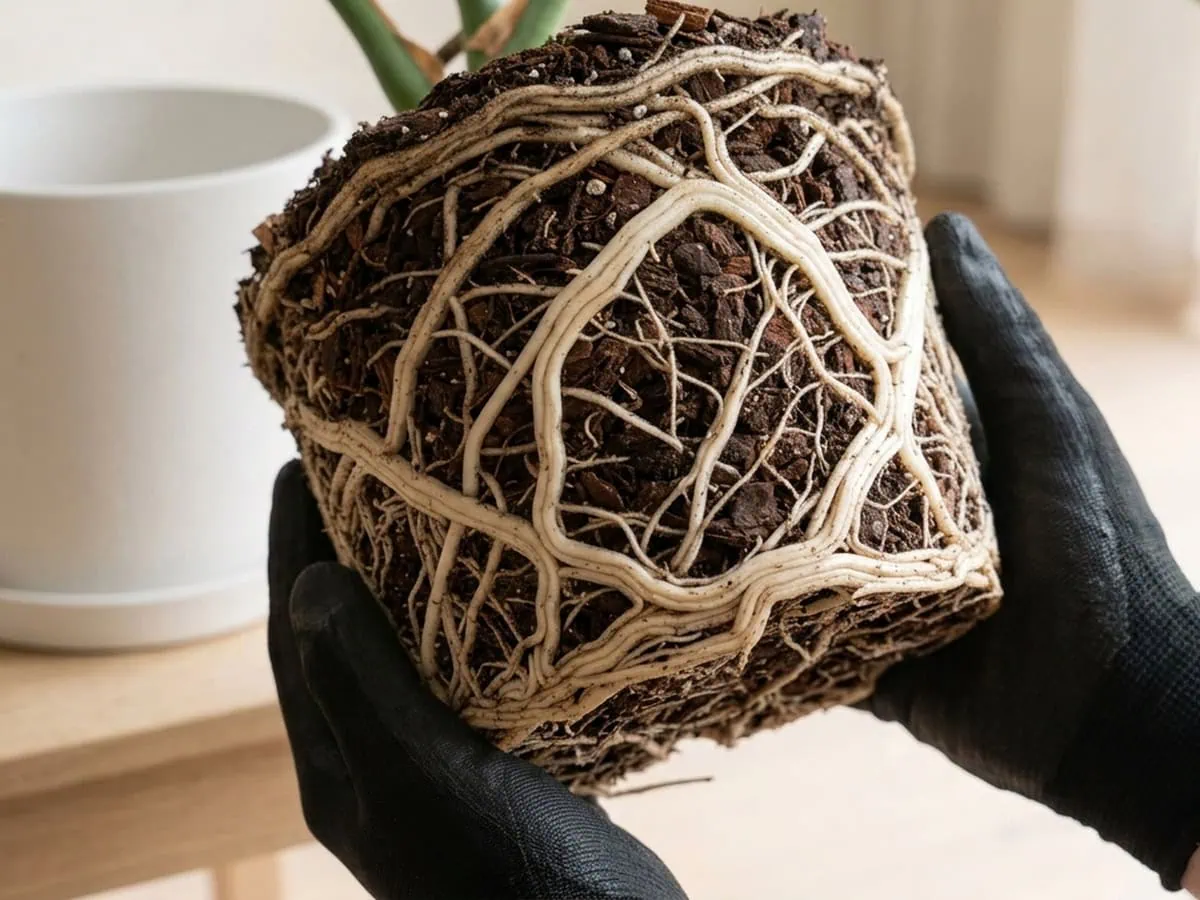 Inspect the lifted root ball of the Swiss cheese plant in gloved hands, firm white roots on the face, the third repot step.