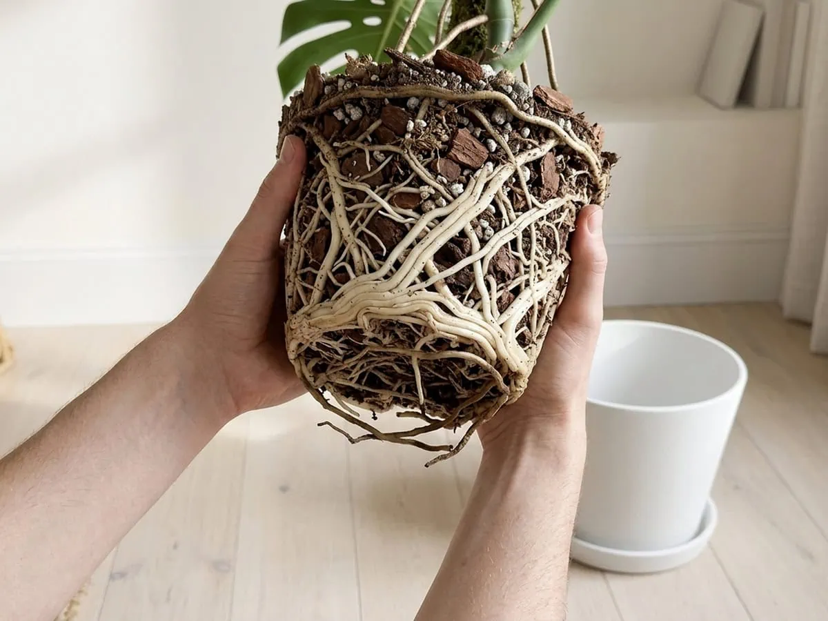 Two hands holding the lifted root ball, mostly firm and white with a few soft brown strands, root-zone failure read.