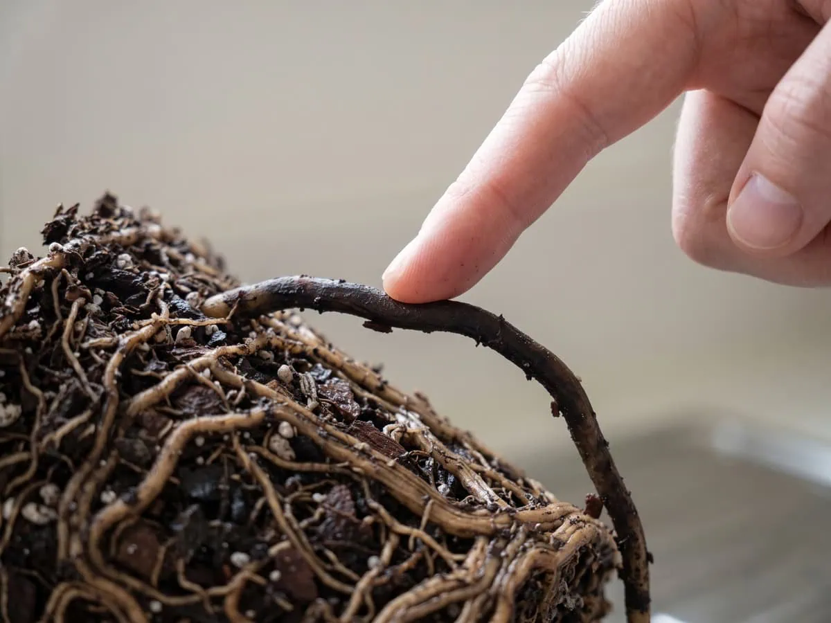 A fingertip presses one dark root strand that stays firm, the read that the root mass is sound.