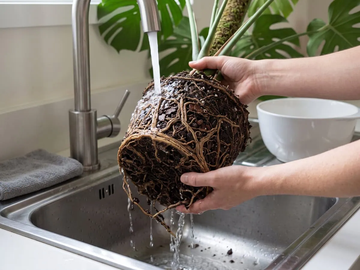 Two hands hold the bare root mass under running water in a sink, rinsing old mix away before any cut.