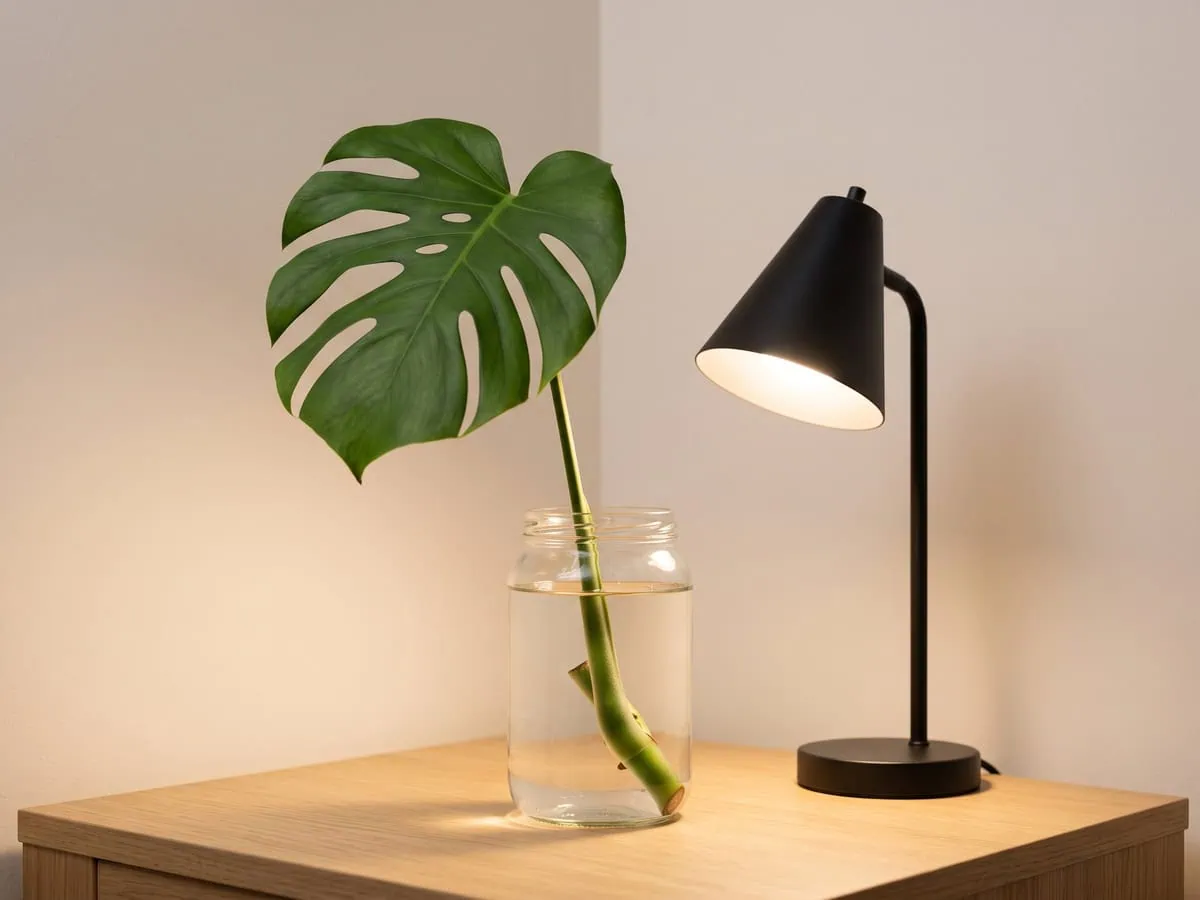 A lit desk lamp over the rooting station in a windowless corner, one step in taking and rooting the cutting.