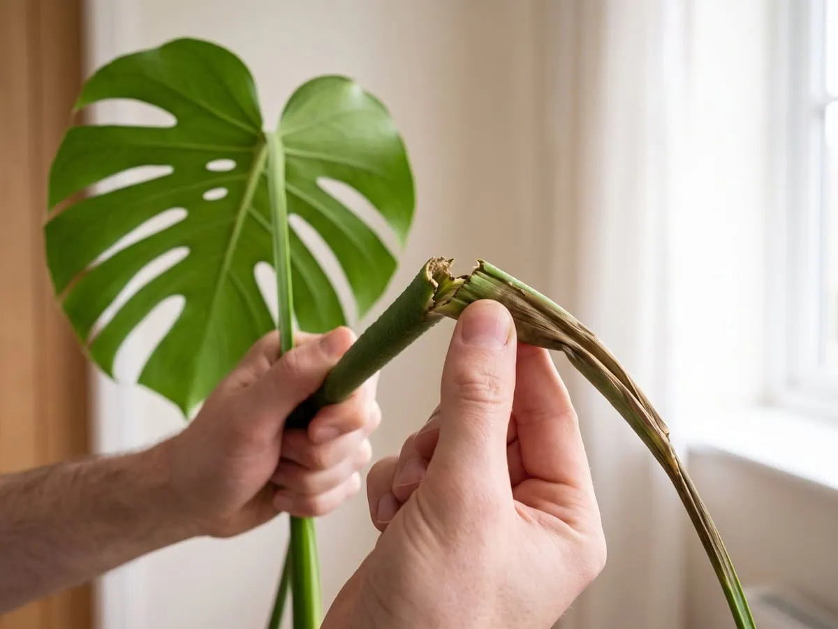 Fingers squeezing a snapped stem, the firm green piece held while the soft browning half hangs, before you cut.