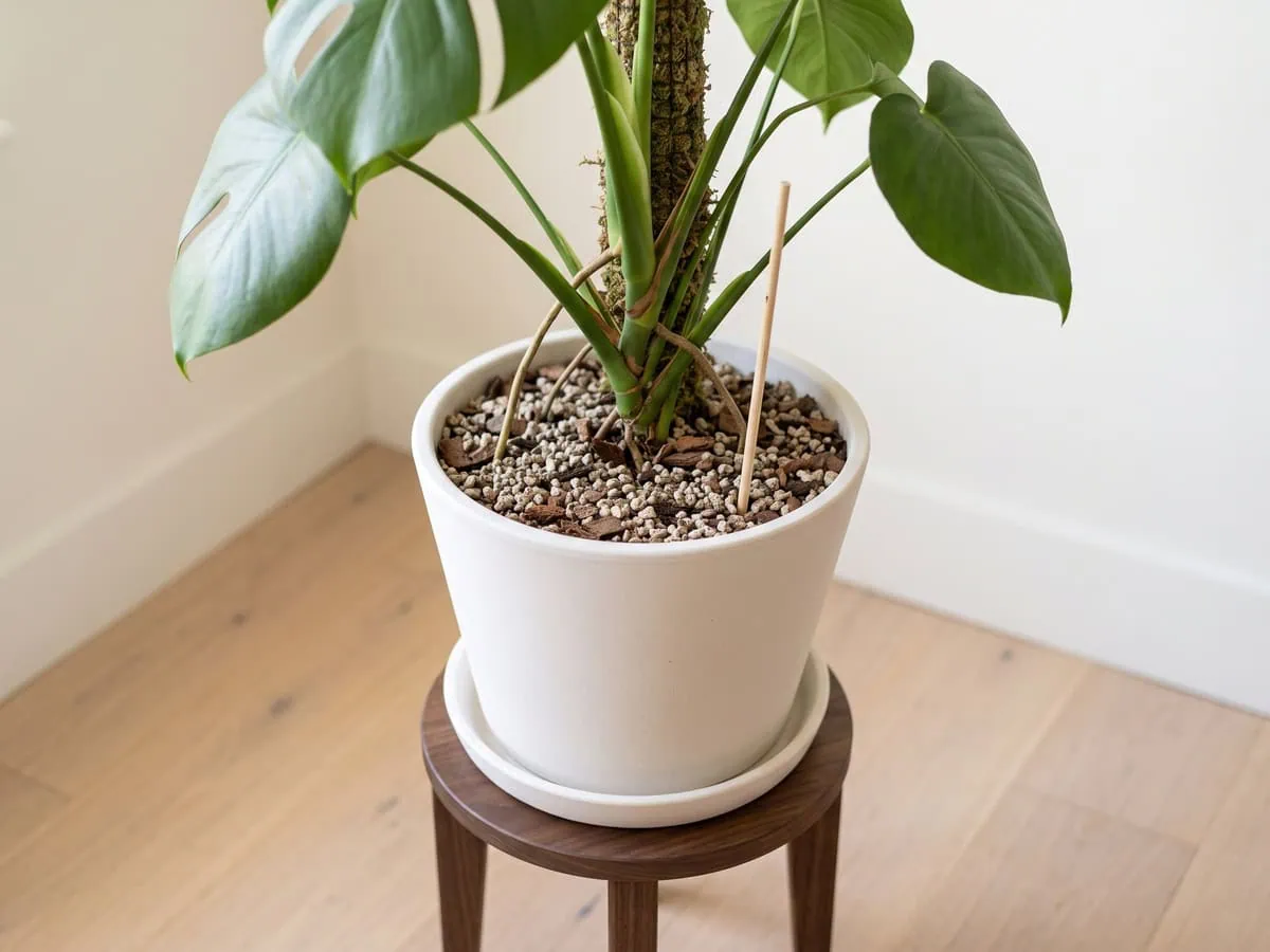 A slim wooden skewer pushed 2-3 inches down to read the substrate before watering a Monstera deliciosa.