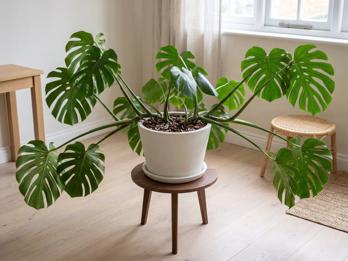 A large plant sprawling sideways past its pot rim, the width you get before choosing any support.
