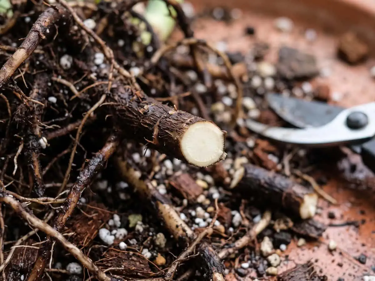 A freshly cut root end shows firm pale tissue, the point where trimming back to clean wood stops.