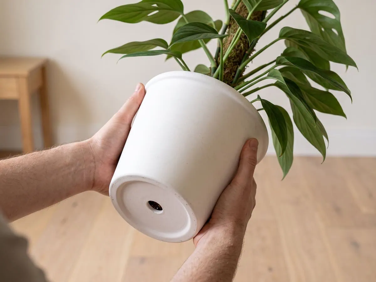 Two hands tilting the unglazed pot to show the drainage hole and the level mix inside, reading the medium.