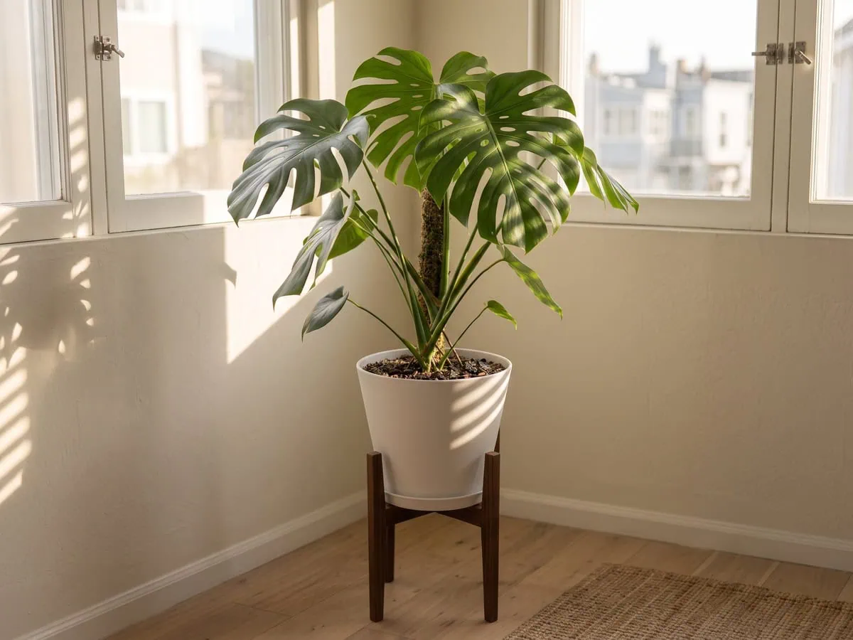 The plant standing a few feet from an unobstructed window, morning light raking the leaves at that distance.