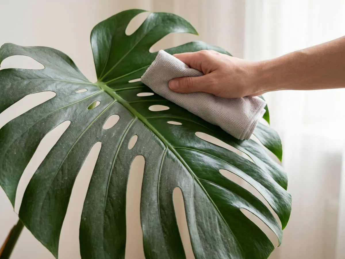 A cloth wiping one blade, the cleaned half glossy and the dusty half dull, placing a specimen on show.