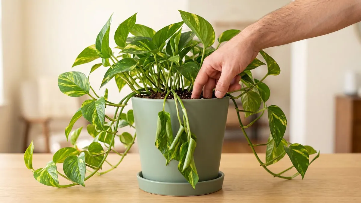 Why is my Pothos curling and drooping: a hand testing the mix while a limp inward-curled vine hangs over the rim.