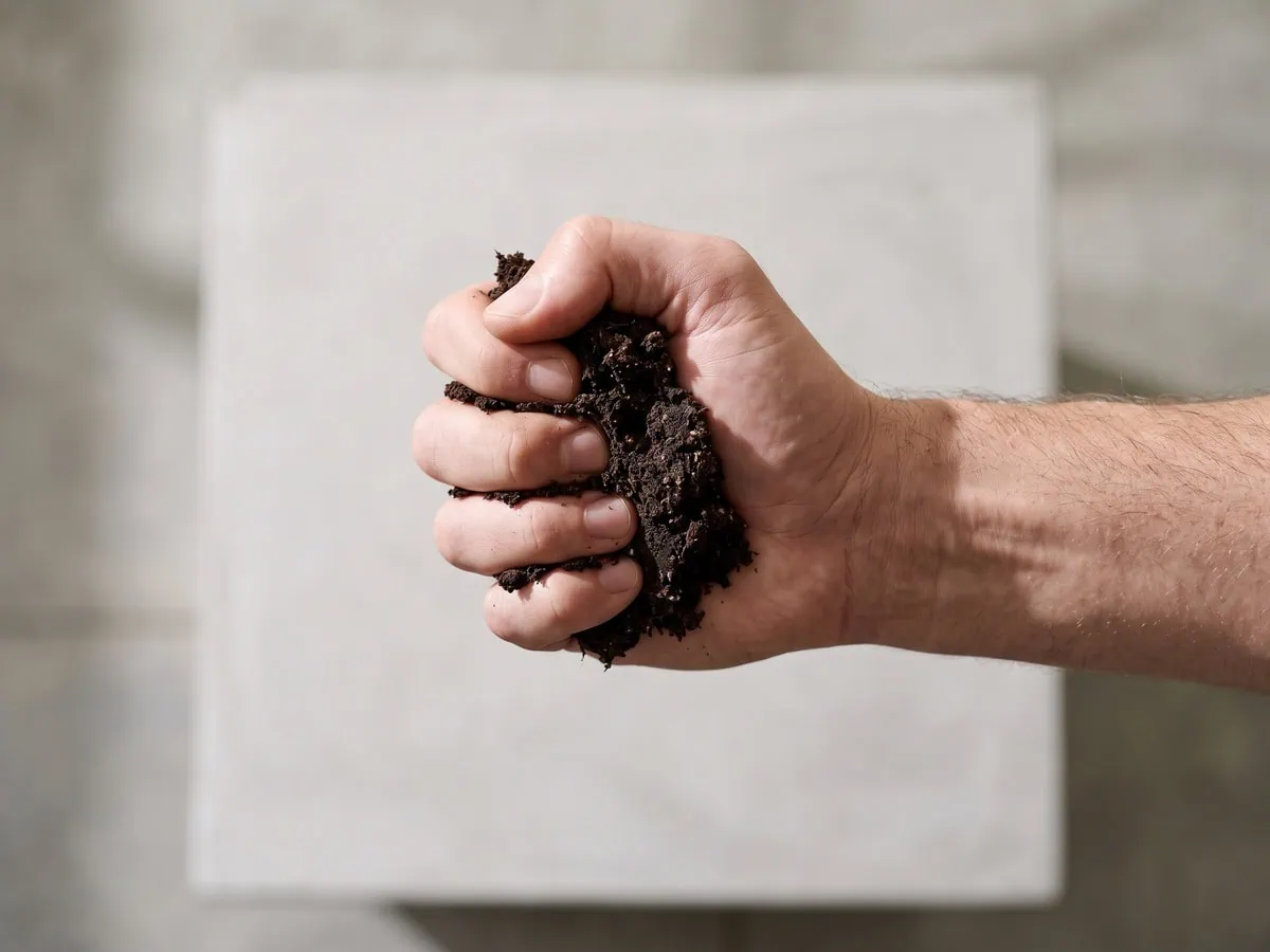 A squeezed clod of dark earth holding its shape, why ordinary bagged soil fails against a gritty mix.