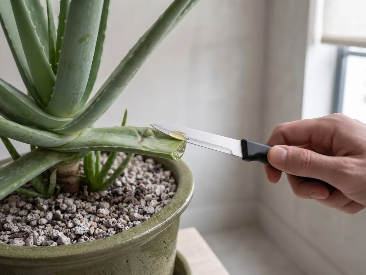 A damp knife blade beside one Aloe vera cut face, the cold injury tidy-up and recovery in the cold months.