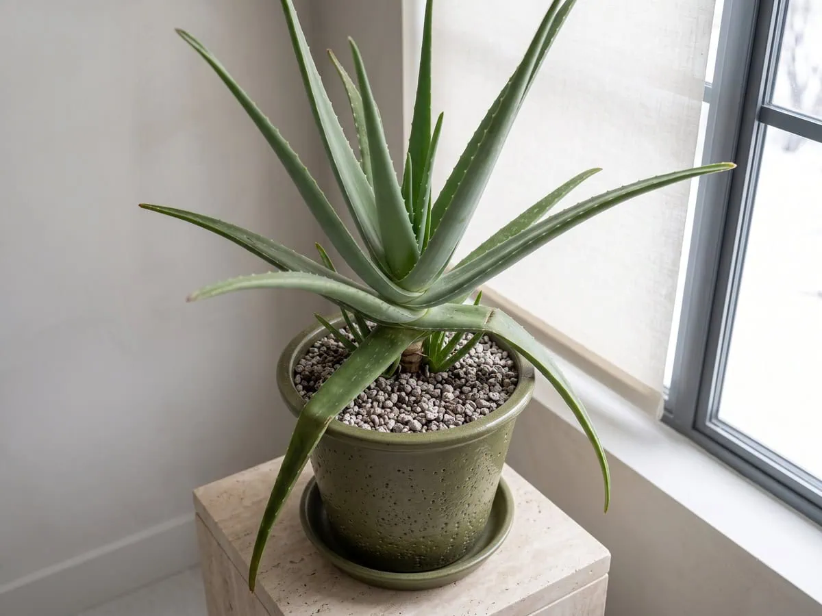 An upright Aloe vera standing near a bright curtained window, where the four cold temperature lines are met.