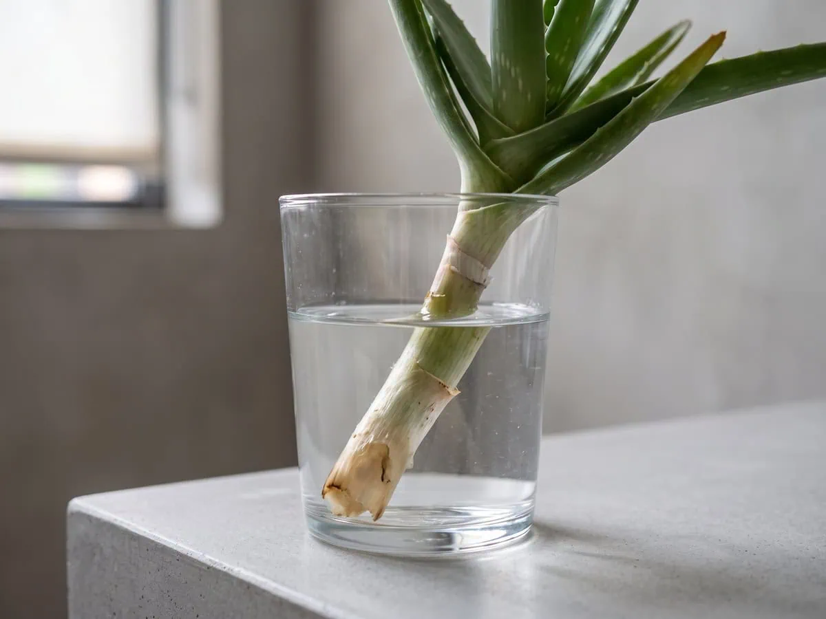 An Aloe vera stem in a glass of water with a soft pale submerged end, a common mistake re-rooting a rosette.