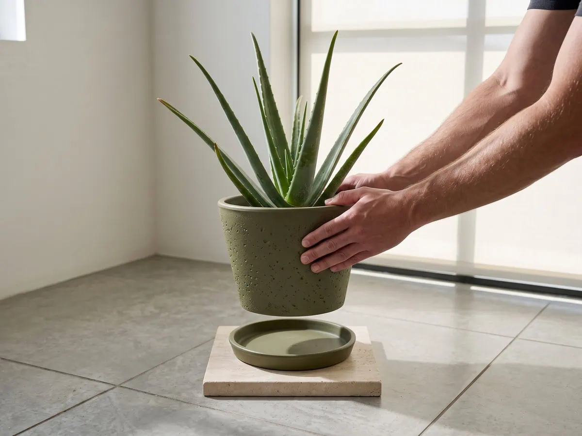 An olive Aloe vera pot lifted by both sides, the container and drainage weight test two days after a soak.