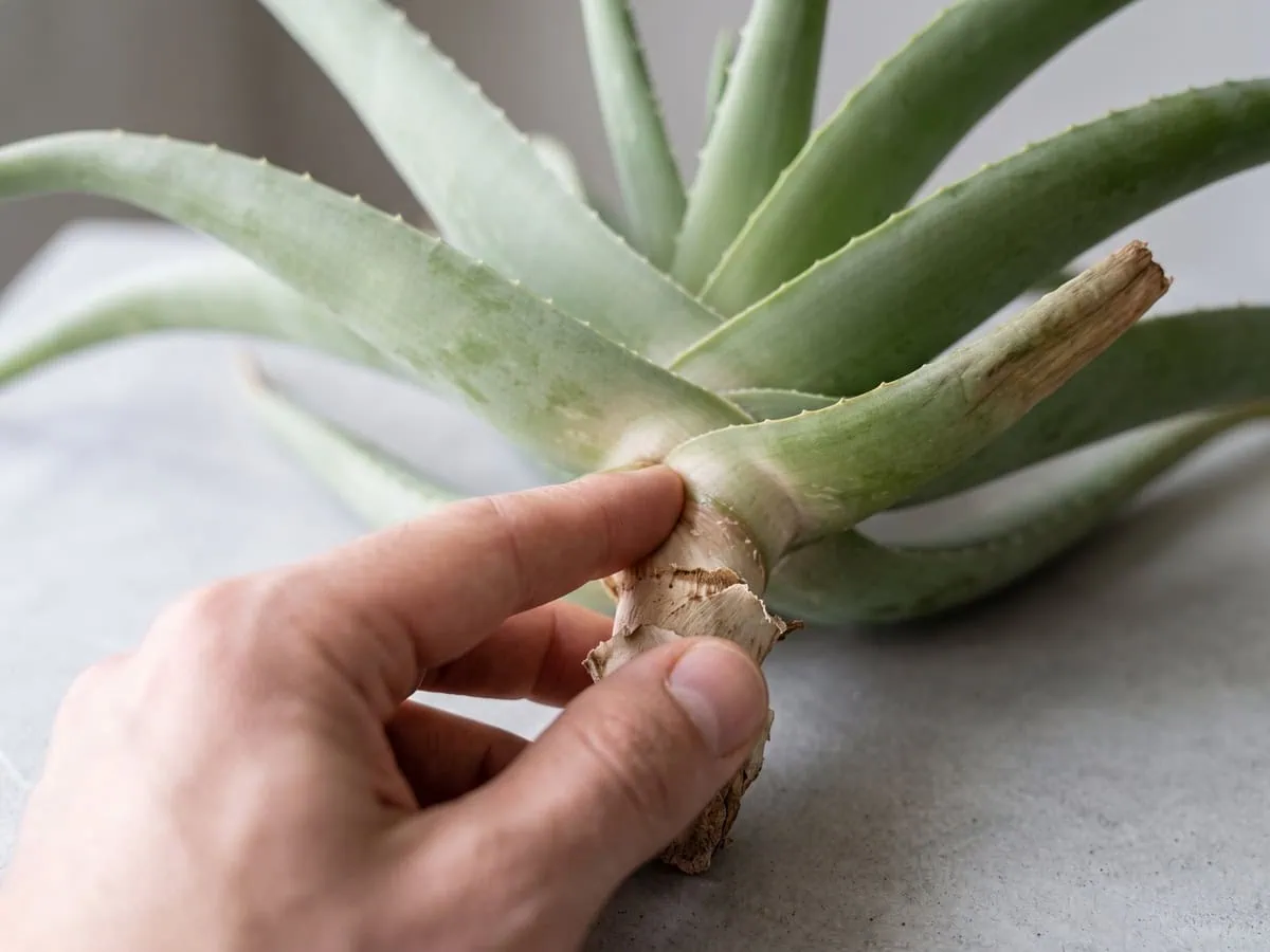 Finger and thumb pinching the base of a rootless Aloe vera rosette, the first check that the stem is firm.