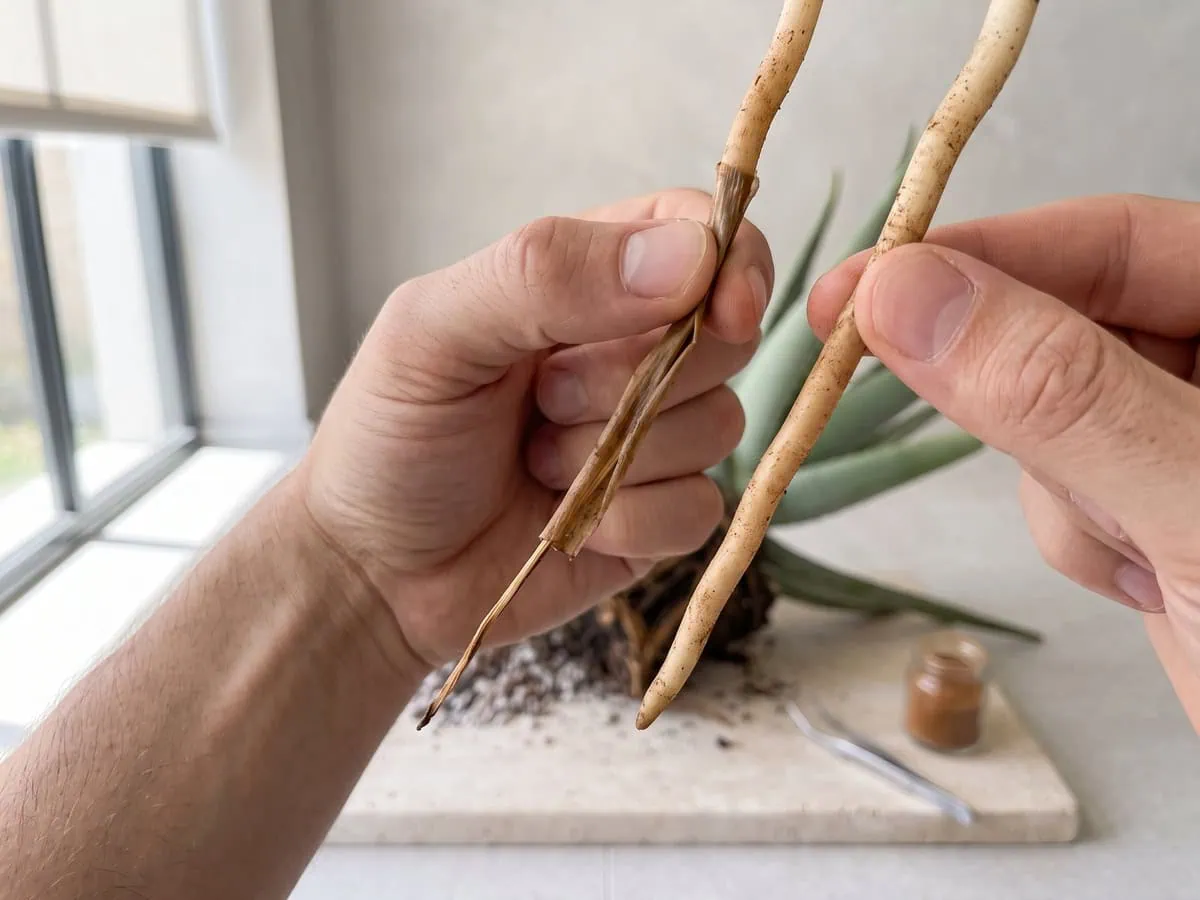 Two cut Aloe vera roots pinched side by side, one firm and one shedding its sheath, read before you cut.