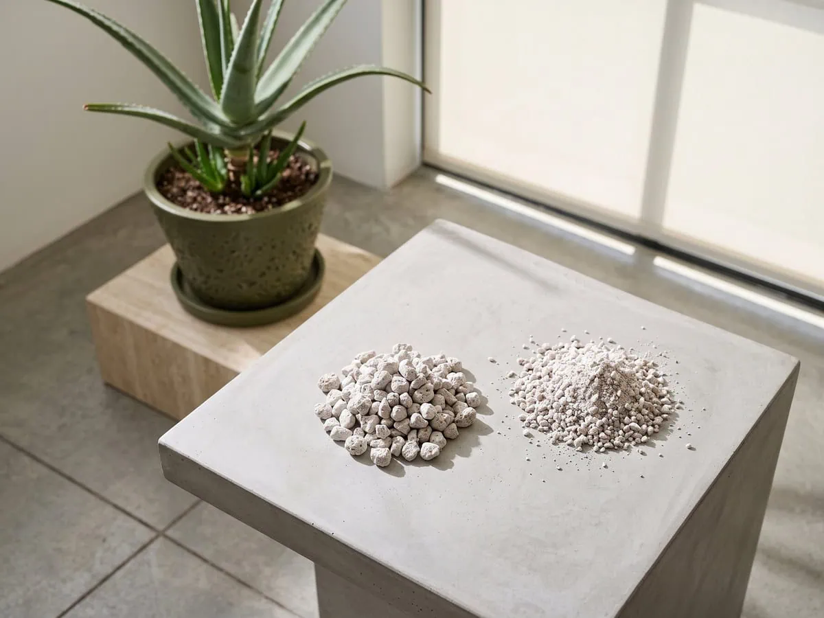 A coarse pale heap beside a finer one on the bench, which grit an Aloe vera mix actually needs in the pot.