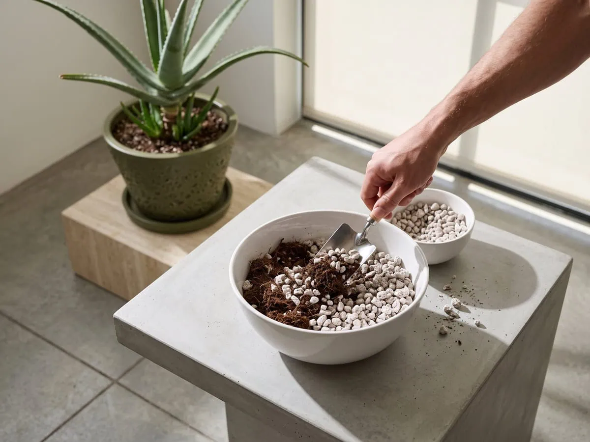 A trowel stirring pale stone chips through dark earth, how much grit an Aloe vera mix actually needs.