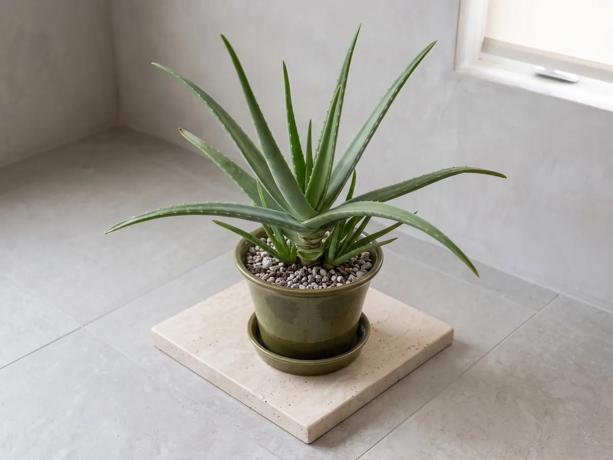 A whole uncut Aloe vera rosette in full growth, the leaf choice made before the blade goes anywhere near.