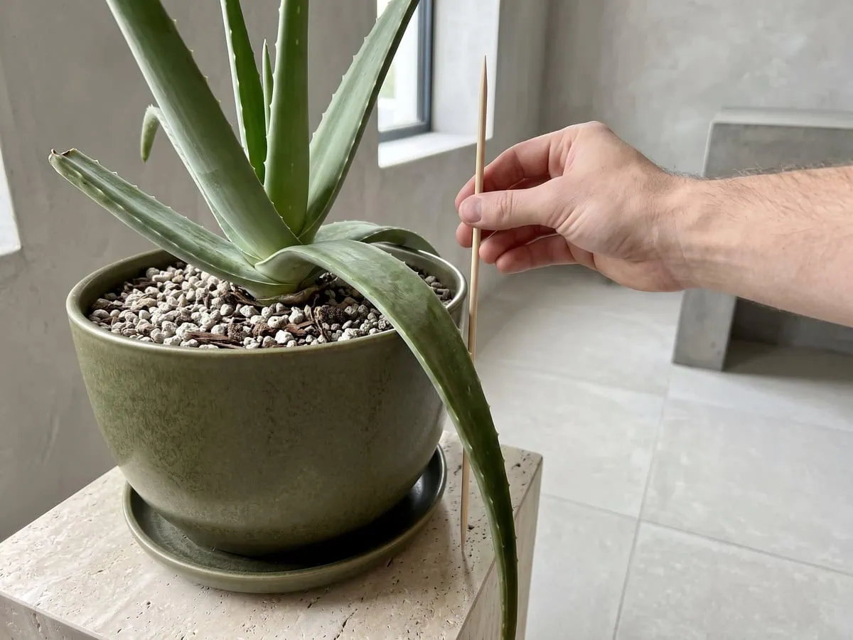 A dry skewer just pulled from level mix and held beside a drooping Aloe vera leaf, read soft against leathery.