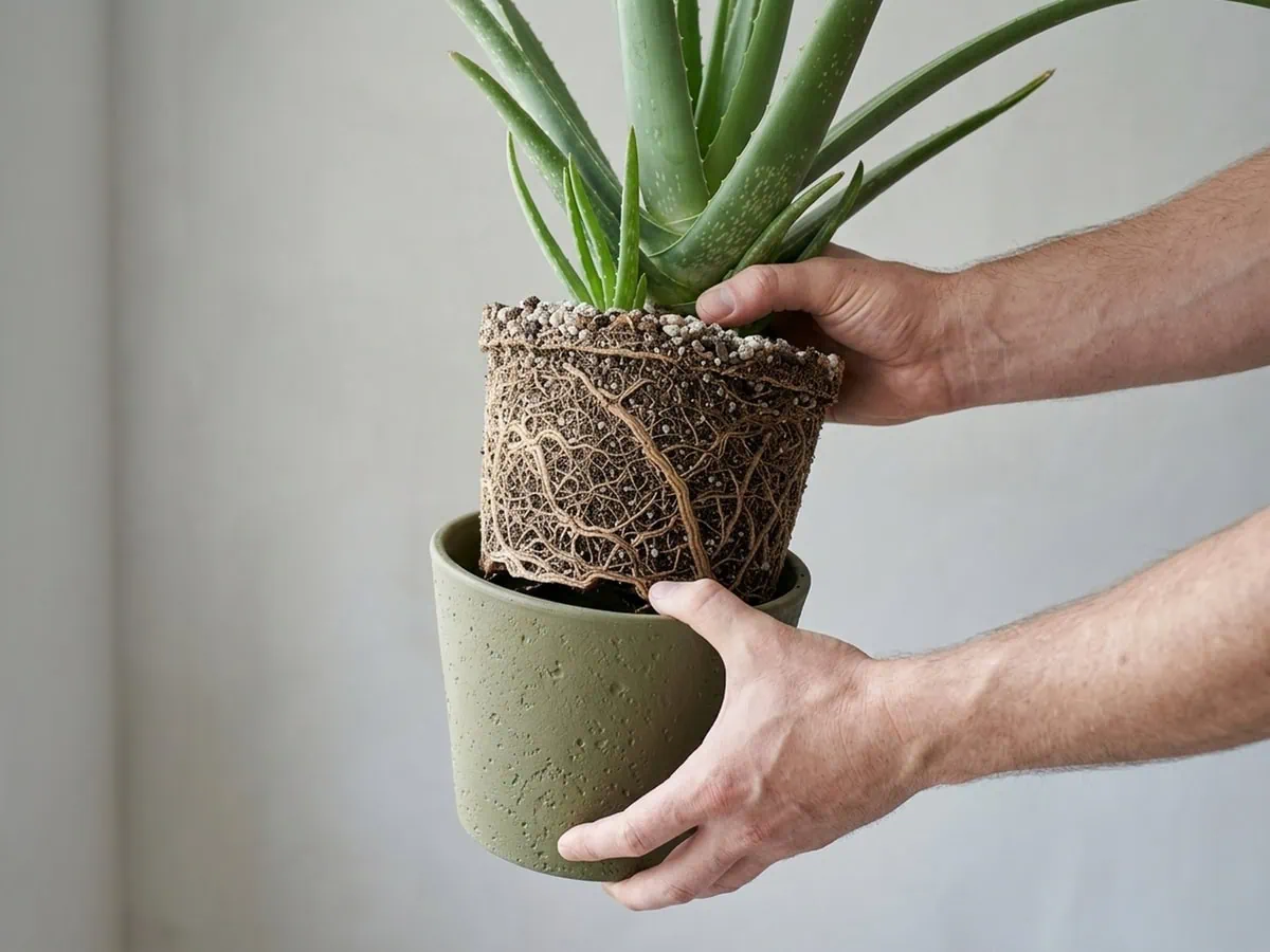 An Aloe vera lifted whole out of its pot with the root ball intact, the day to get right before you lift it.