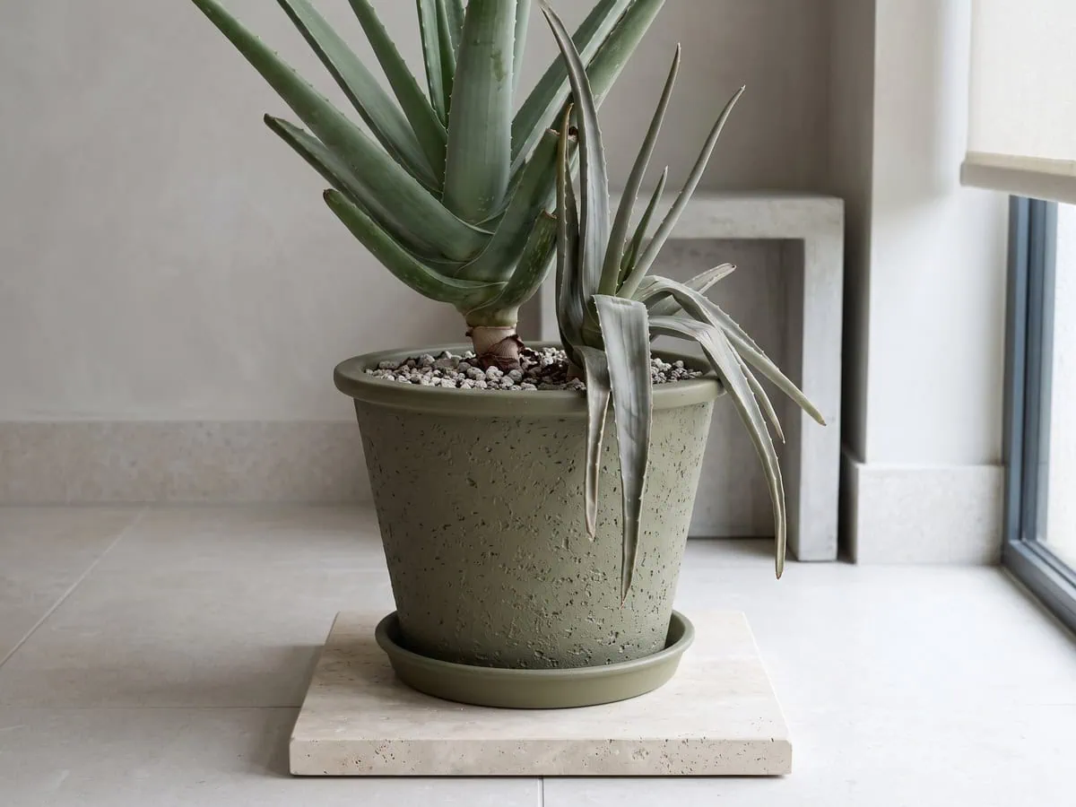 An Aloe vera with slack flattened leaves in its pot, the first signs of slightly overwatering every week.