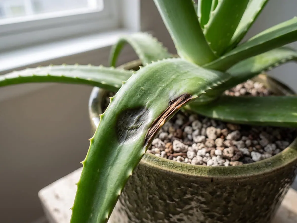 One Aloe vera leaf with two dark marks, one sunken and one shrunk hard, what to press and do first here.