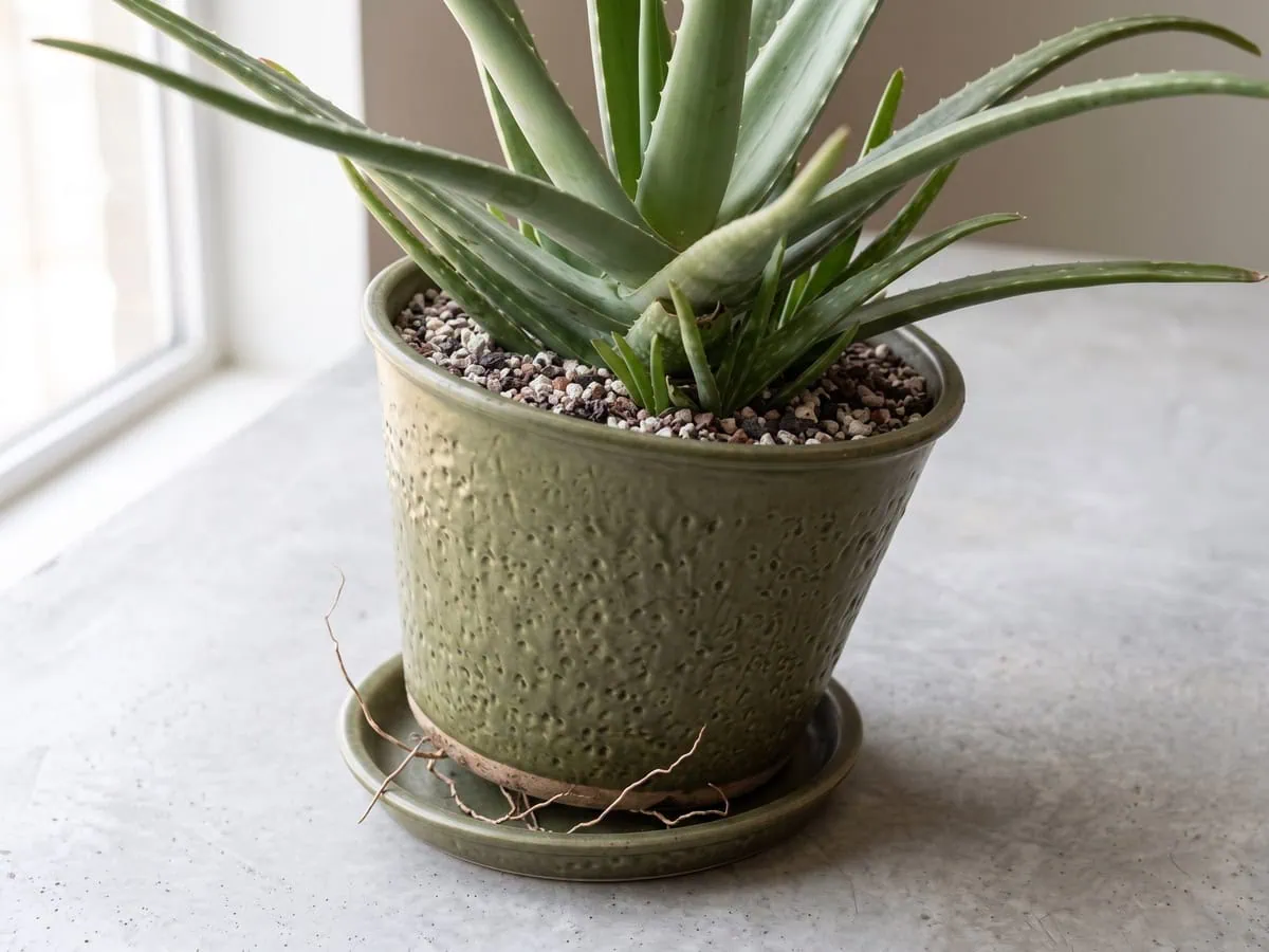 An Aloe vera pot tilting as roots push out of the base hole, the sign to get the pot right before you lift.